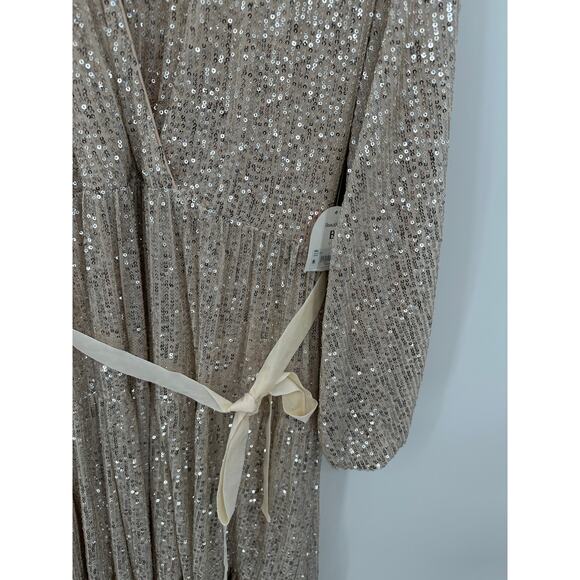 Arula Dress Women 2X Beige Sequin Shimmer Long Sleeve Maxi Gown Belt Long V Neck - Picture 6 of 11